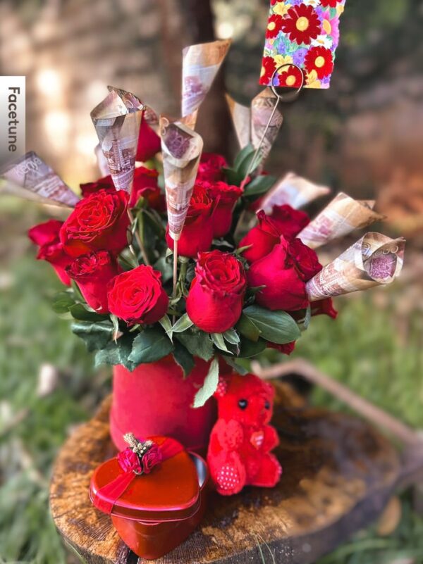 Table Cylindrical Vase with Cash, 25 Roses, Pair of Earrings, Card and a small teddy bear