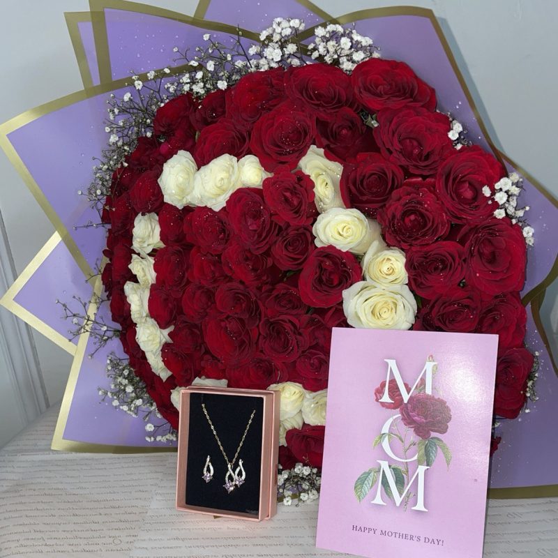Floral Gift Hamper – (Bouquet of mixed florals, card and jewelry set)