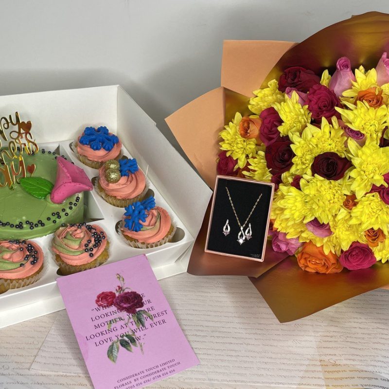 Sweet Tooth Mother’s Touch. Flowers (Mixed Bouquet of flowers, Card, 0.5 kg Cake with 5 cup cakes, Jewelry Set